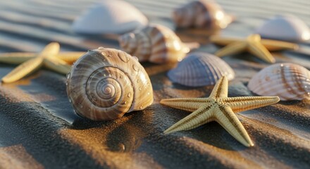 Seashells and starfish on wet sand a tranquil beach scene with waterdrops