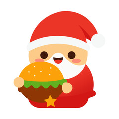 Cute kawaii santa claus holding a delicious burger isolated on transparent background