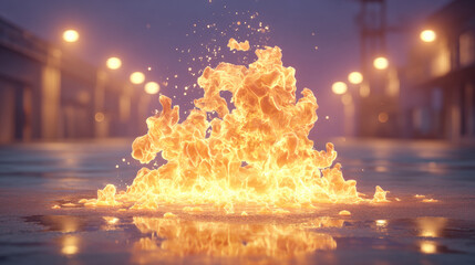 Factory Hazard Assessment, This image depicts workers handling a flammable liquids spill on the floor, highlighting safety measures in an industrial setting.