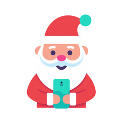 Cute santa claus character holding a smartphone and smiling isolated on transparent background