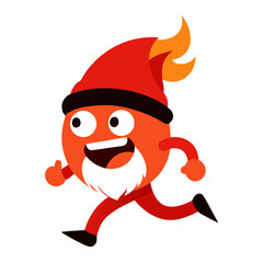 Cute cartoon fire character with a red hat and beard running happily isolated on transparent background