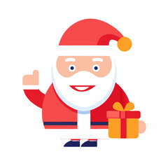 Cute cartoon santa claus character holding a gift and waving isolated on transparent background