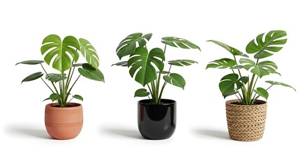 Fototapeta premium Three potted monstera deliciosa plants