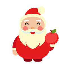 Cute cartoon santa claus holding a red apple isolated on transparent background