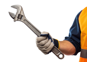 Construction worker’s hand holding wrench isolated on a transparent background.