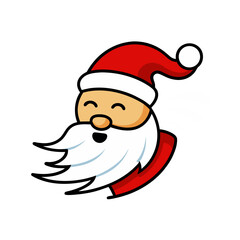 Cute cartoon santa claus face with white beard and red hat isolated on transparent background