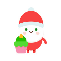 Cute cartoon character wearing a santa hat holding a cupcake isolated on transparent background