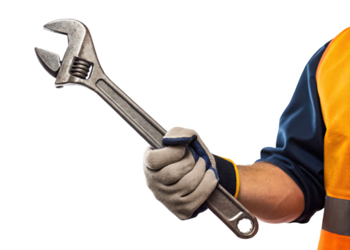 Construction worker’s hand holding wrench isolated on a transparent background. - Powered by Adobe