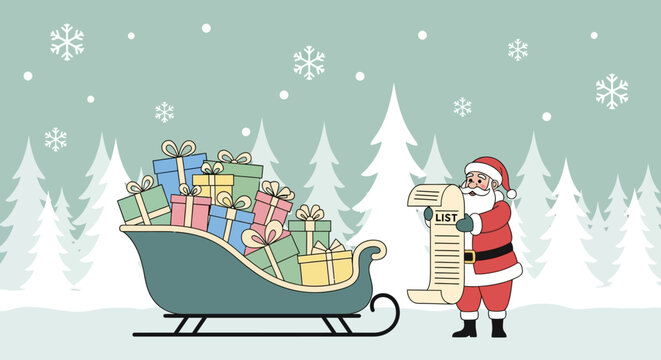 Santa Claus with a sleigh full of gifts and a list of wishes under a snowy sky with fir trees