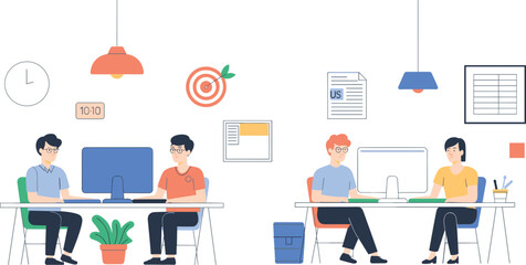 Modern office teamwork illustration with diverse people collaborating on computers, project management dashboard, communication, and productivity workspace concept