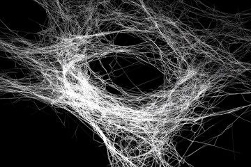 cobweb with intricate silk threads glowing against dark background, mysterious atmosphere and subtle lighting highlighting translucent geometry, symbolizing complex networks and connected systems.