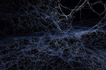 Ethereal cobweb with fine silk lines and luminous geometry against a shadowy background, creating an aura of mystery and intrigue with delicate lighting, symbolizing complex networks and data flows