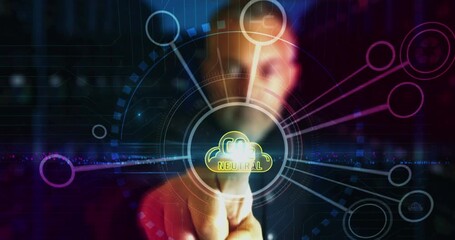 CO2 neutral zero emission decarbonize and eco friendly symbol digital abstract 3d concept. Finger touch screen. Cyber technology and network background. Man pushes computer display. - Powered by Adobe