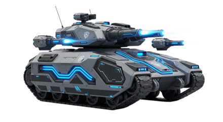 Futuristic gray armored vehicle with glowing blue energy accents and weapon firing, isolated on a white or transparent background, cutout, PNG