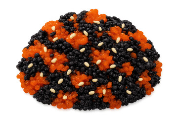 Tobiko and masago fish roe mixture with sesame seeds, traditional japanese seafood garnish and appetizer background