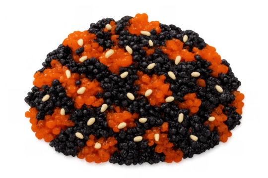 Tobiko and masago fish roe mixture with sesame seeds, traditional japanese seafood garnish and appetizer background - Powered by Adobe