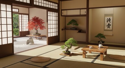Serene Japanese Zen Garden Interior with Bonsai Trees and Tea Ceremony Set