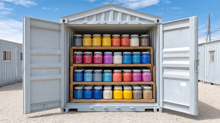 Factory Hazard Assessment, Improperly labeled containers in a storage area highlight organizational issues and potential safety hazards in inventory management.