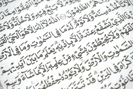 Close-up on the text of the Holy Qur'an, specifically showing Ayatul Kursi (The Throne Verse, Surah Al-Baqarah, Ayat 255)