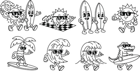 Collection of cartoon sun characters with surfboards and sunglasses enjoying summer beach activities