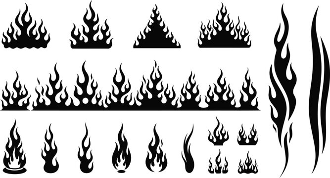 Collection of black silhouette flames and fire graphics for design elements and accents