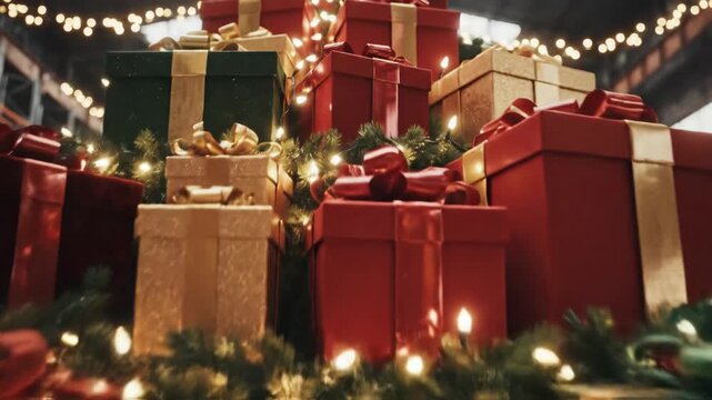 Christmas Gifts Pile in Warehouse - A large pile of Christmas gifts is stacked high in a warehouse setting, adorned with colorful ribbons, pine sprigs, and twinkling string lights.