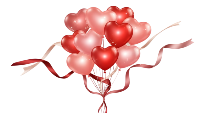 Heart balloons bouquet with ribbons isolated on transparent background