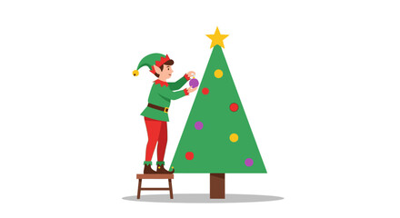 An adorable elf decorates a Christmas tree with ornaments and a star on top, celebrating the festive holiday season