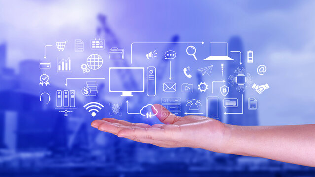 Businessman using technology equipment and line interface icons, Computer system resources and data storage, Cloud service technology marketing and business concept. - Powered by Adobe