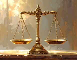 Golden Scales of Justice on Wooden Surface