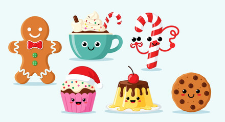 Cute Christmas Food Characters Gingerbread Man, Candy Cane, Cupcake, Pudding, and Cookie