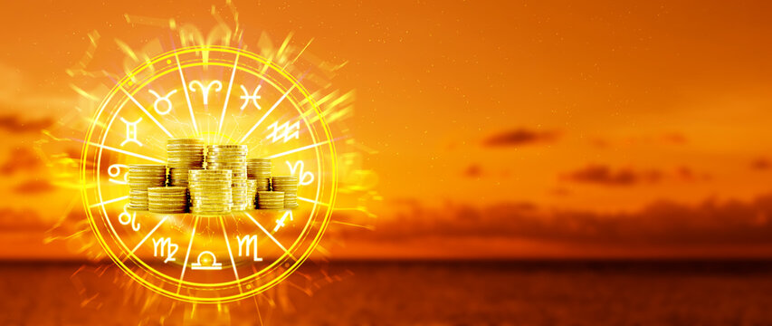 Horoscope with zodiac signs and money coins like astrology and money and astrology and wealth concept, Financial horoscope concept.