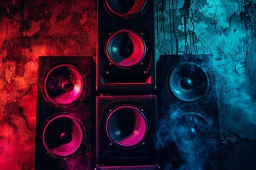 Powerful audio speakers create an electrifying atmosphere with vibrant lighting and smoke effects, perfect for music, concerts, or parties