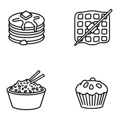 Outline Style Breakfast Dessert Icons Pancakes with Melting Butter Bowl of Rice with Chopsticks Muffin and Crossed Waffle Symbol