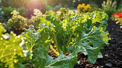 Kale Growing in Garden - Rows of kale are planted in a garden bed with water droplets on the leaves in the morning sunlight. Other plants and flowers can be seen in the background. - Powered by Adobe