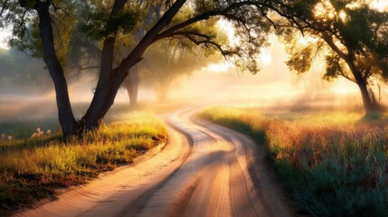 A serene dirt road meanders through a misty landscape, framed by trees and illuminated by soft morning light, creating a peaceful, tranquil atmosphere.