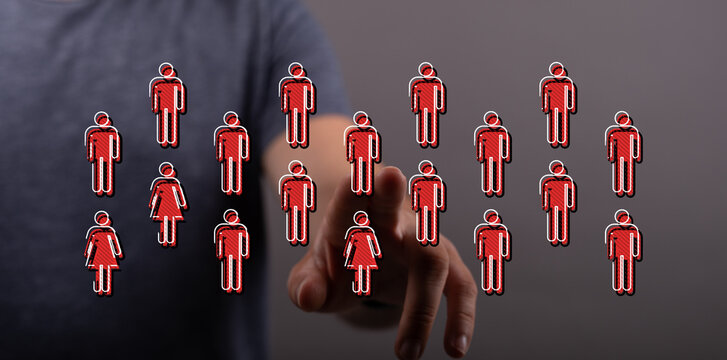 Hand reaching towards a collection of person icons. Concept of community, social connection, digital interaction, teamwork, and virtual collabor