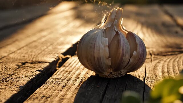 Garlic Bulb on Rustic Wood - Close-up of a single garlic bulb sitting on a weathered wooden surface. The warm light of sunset casts long shadows and highlights the texture of the garlic and wood.