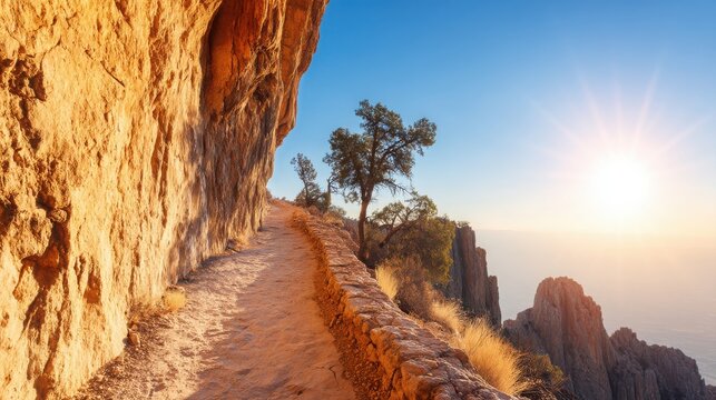 A scenic pathway along a rocky cliff, illuminated by a warm sunrise, surrounded by trees and rugged mountains.