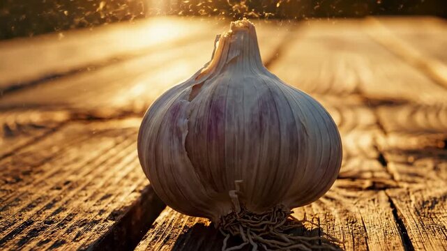 Fresh Garlic on Wood Table in Golden Light - A bulb of fresh garlic sits on a rustic wooden table, illuminated by golden sunlight.