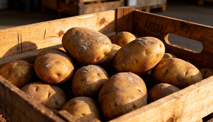 Close-up of fresh, unwashed raw potatoes stacked high inside a rustic wooden shipping crate in a warehouse or storage facility.