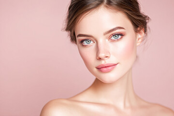 Obraz premium A close-up portrait of a young woman with striking blue eyes and subtle makeup against a soft pink background, exuding beauty and confidence.