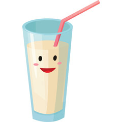 Cartoon glass of milk with happy face straw and pink straw on transparent background