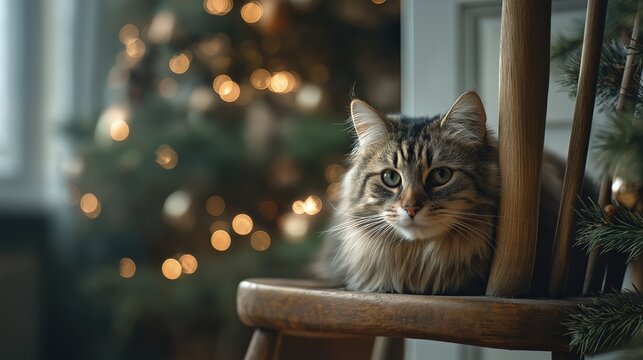 luffy tabby cat resting on a rustic wooden chair beside a glowing Christmas tree with warm bokeh lights in a calm cozy holiday interior, serene festive atmosphere captured in soft natural winter light
