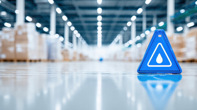 Factory Hazard Assessment, Wet floor in a production area without warning signs, highlighting safety hazards in industrial environments.