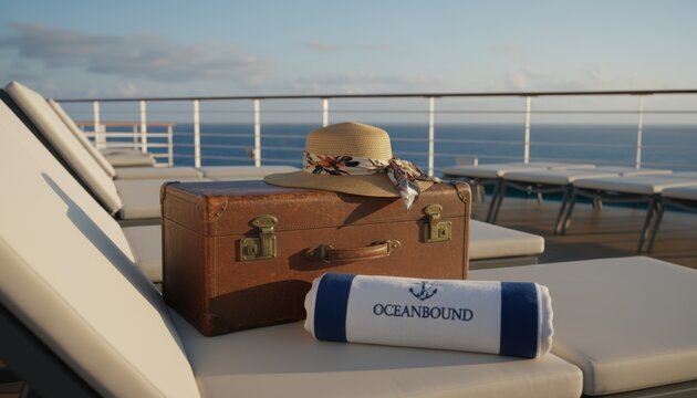 A vintage leather suitcase and elegant straw sunhat with a floral scarf rest on a lounge chair under soft sunlight, accompanied by a rolled “Oceanbound” towel - Powered by Adobe