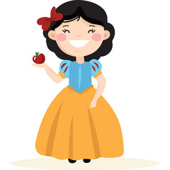 Cartoon Snow White Character Holding Red Apple Wearing Blue Bodice Yellow Skirt and Red Bow Hair Accessory with White Background