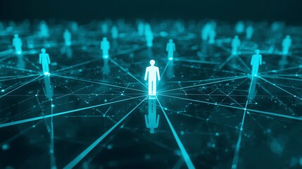Obraz premium Network of glowing human figures connected by lines in a futuristic blue digital environment