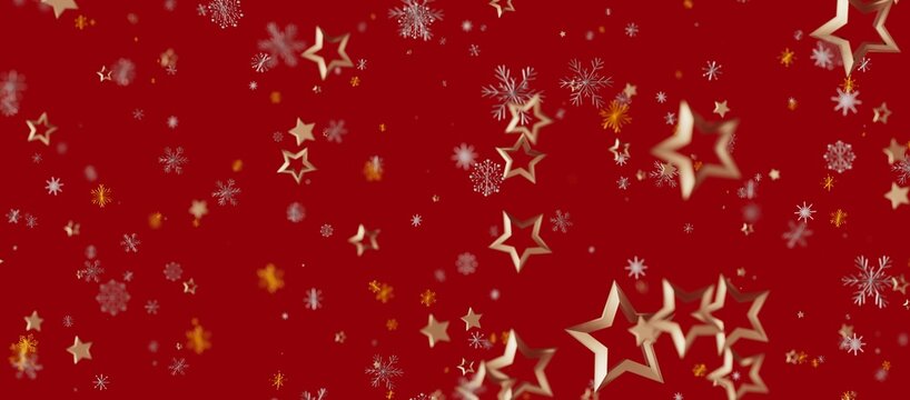 Christmas background with golden stars and snowflakes on a red background. Festive and celebratory image perfect for holiday designs