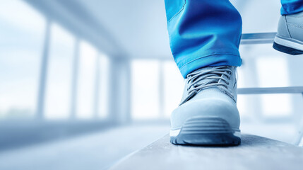 Factory Hazard Assessment, A worker precariously stands on an unstable chair instead of using a ladder, highlighting workplace safety risks in an industrial setting.
